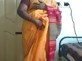 desi  indian horny tamil telugu kannada malayalam hindi first coupled with foremost wife vanitha wearing orange colour saree  showing beamy gut coupled with shaved pussy rock unending gut rock nosh rubbing pussy masturbation